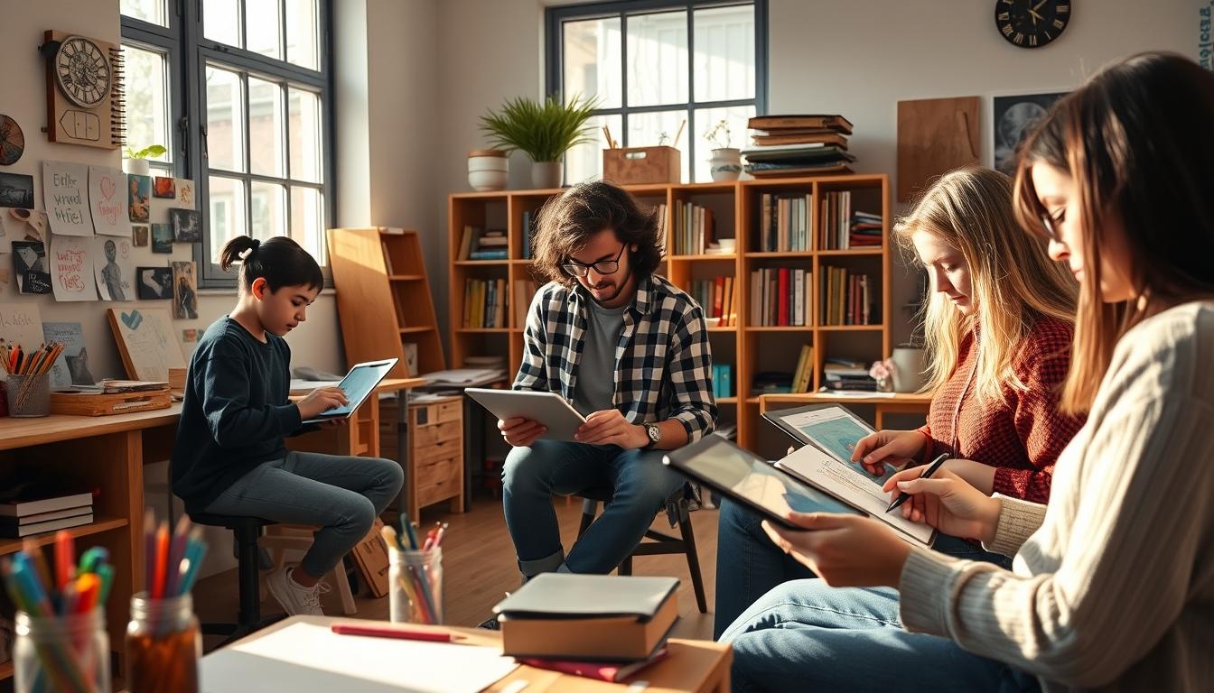 Students studying together in modern classroom